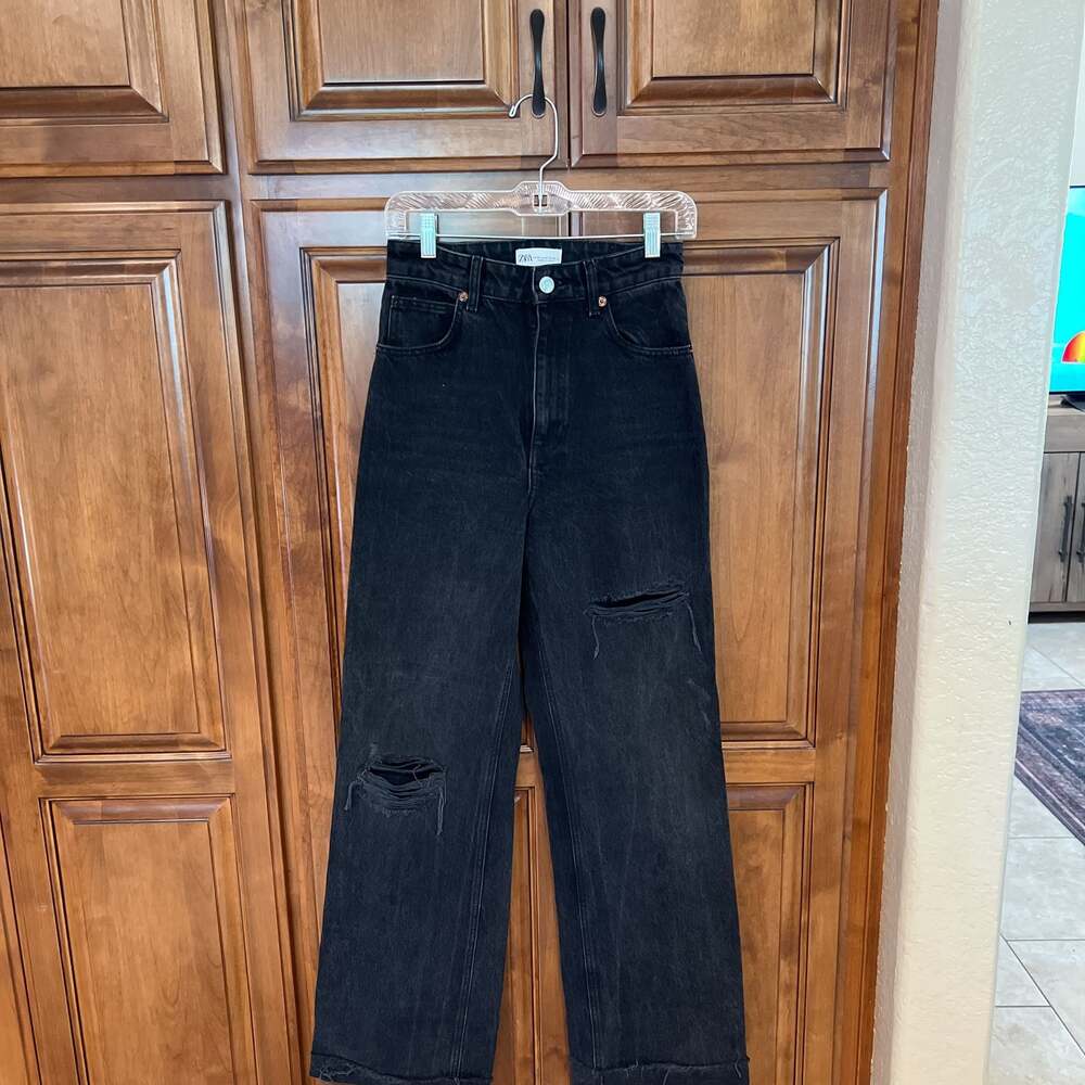 Zara Black High Rise Wide Leg Distressed Jeans